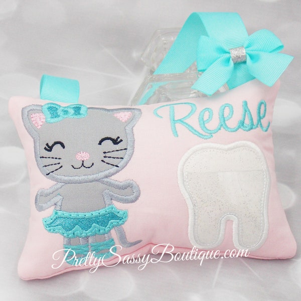 Pink Personalized Cat Tooth Fairy Pillow, Tooth Fairy, Tooth Pillow, Personalized gifts, Baby Shower, Birthday, Ballerina, Girl Gift, Kitten