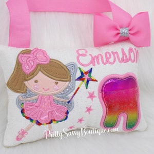 Pink Tooth Fairy Pillow Girl, Girls Tooth Fairy Pillow, Rainbow Personalized Tooth Pillow, Girls Tooth Pillow, Curly Fairy,Birthday,  Gift