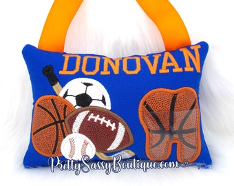 Boy Sports Personalized Tooth Pillow Sports Birthday Boy Gift Baseball Football Basketball Hockey Tooth Fairy Pillow Monogrammed Pillow
