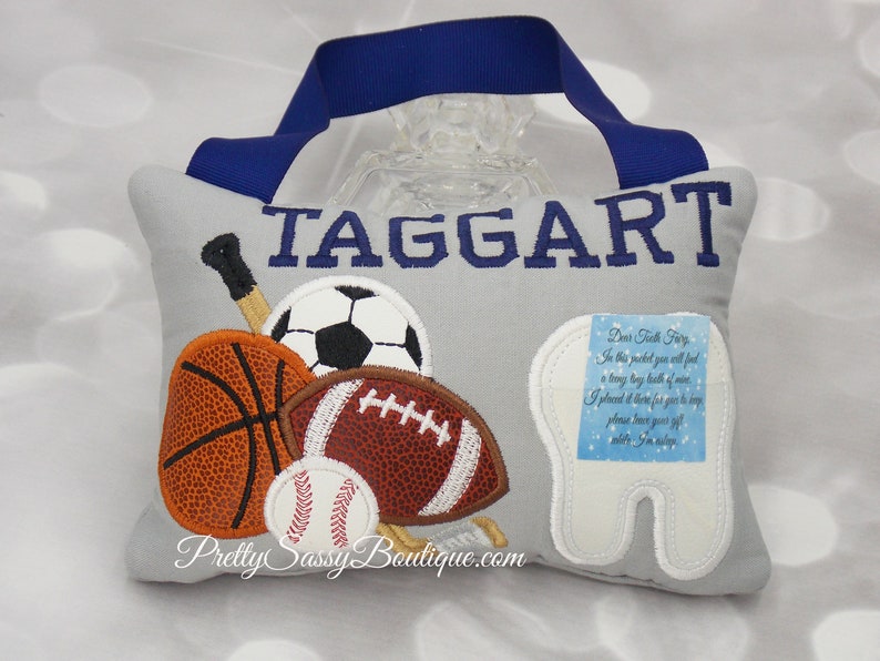 Boy Sports Personalized Tooth Pillow Sports Birthday Boy Gift Baseball Football Basketball Hockey Tooth Fairy Pillow Monogrammed Pillow