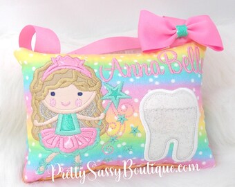 Tooth Fairy Pillow, Pink Tooth Pillow, Rainbow Tooth pillow, Girls Tooth Fairy, Tooth Pillow, Monogrammed Pillow, Birthday Gift, Toothfairy