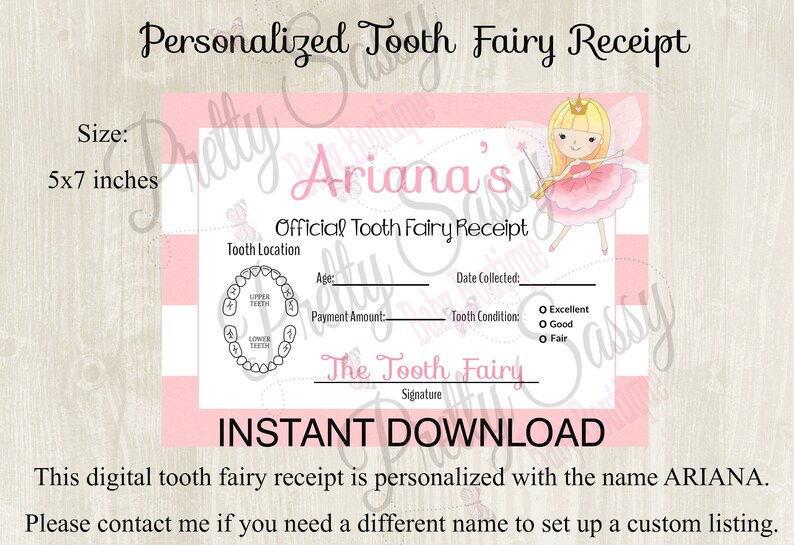 Tooth Fairy Receipt Ariana personalized printable tooth chart, Instant Download Tooth Fairy Tooth Receipt, Tooth Fairy printables image 1