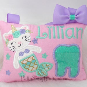 Personalized Cat Unicorn Mermaid Tooth Fairy Pillow, Tooth Fairy, Tooth Pillow, Personalized gifts, Baby Shower, Birthday, Girl Gift, Kitten image 1
