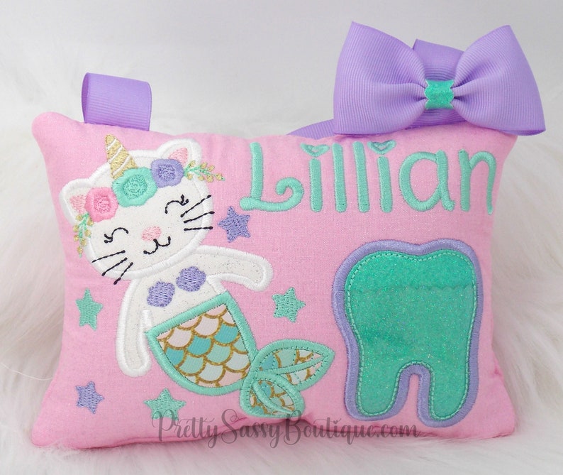 Personalized Cat Unicorn Mermaid Tooth Fairy Pillow, Tooth Fairy, Tooth Pillow, Personalized gifts, Baby Shower, Birthday, Girl Gift, Kitten image 1