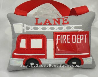 Fire Truck Tooth Fairy Pillow, Firefighter Tooth Fairy, Monogrammed Pillow for boys, Boy Birthday gift, Christmas gift for boy, Tooth Chart