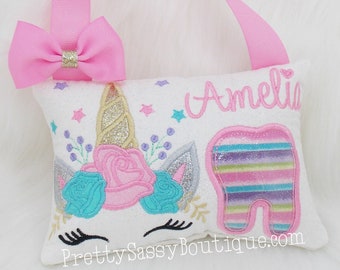 Unicorn tooth fairy pillow, Girls tooth pillow, Floral unicorn, Babyshower, Birthday, Party, Christening, Gift, Rainbow unicorn tooth pillow