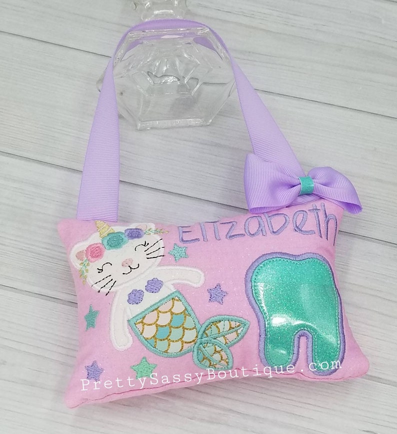 Gato personalizado Unicornio Sirena Diente Hada Almohada, Hada de los Dientes, Almohada dental, Regalos personalizados, Baby Shower, Cumpleaños, Regalo de niña, Gatito imagen 3