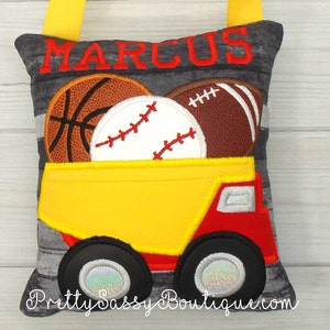 Truck Tooth Fairy Pillow, Dump, Trash, Garbage, Construction, Truck, Tooth pillow, Sports, Baseball, Football, Basketball, Soccer, Boy gift