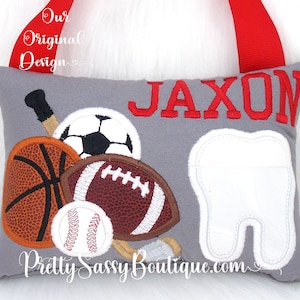 Tooth Fairy Pillow, Boy Sports Personalized Tooth Pillow, Monogrammed Pillow, Baseball Football Basketball Hockey, Sports Birthday Boy Gift
