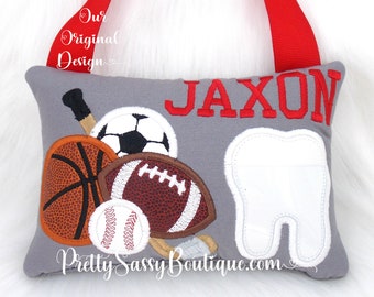 Boy Sports Personalized Tooth Pillow Sports Birthday Boy Gift Baseball Football Basketball Hockey Tooth Fairy Pillow Monogrammed Pillow