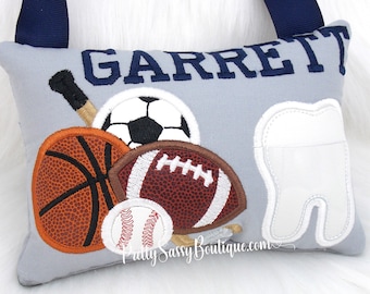 Tooth Fairy Pillow, Boy Sports Personalized Tooth Pillow, Monogrammed Pillow, Baseball Football Basketball Hockey, Sports Birthday Boy Gift