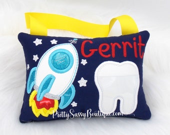 Rocket ship tooth fairy pillow, personalized tooth fairy gift, boy’s  girls' tooth fairy pillow, space-themed tooth pillow, custom gift