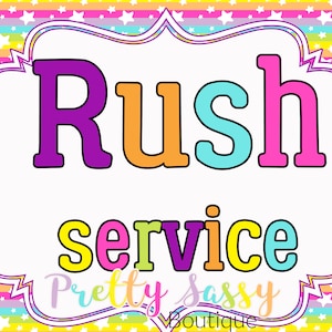 May include: A colorful graphic with the words "Rush service" in large, bold letters. The text is in various colors, including purple, orange, teal, and pink, set against a white background with a decorative border. The background is a rainbow pattern.