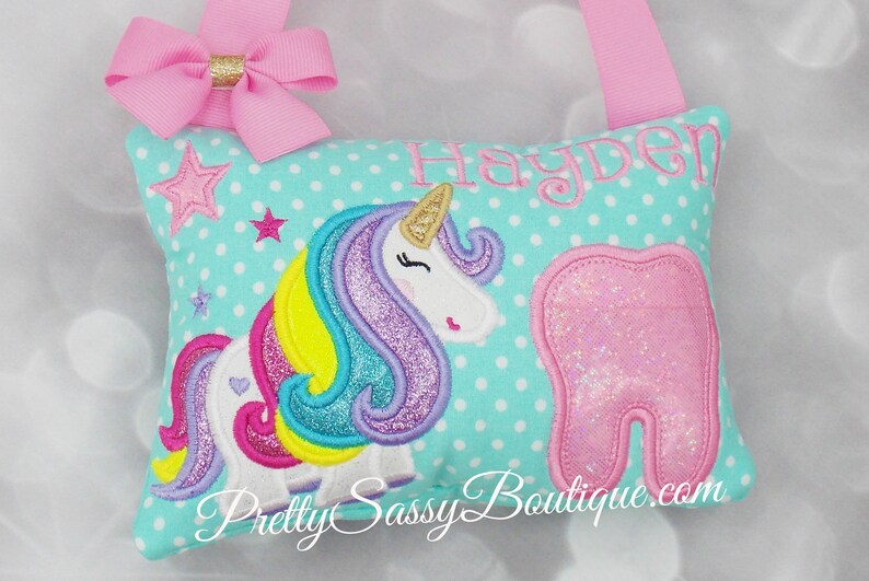 Rainbow Unicorn tooth fairy pillow, Unicorn tooth pillow, Personalized Pillow, Personalized girl gifts, Baby Shower, Birthday , Girl Gift image 1