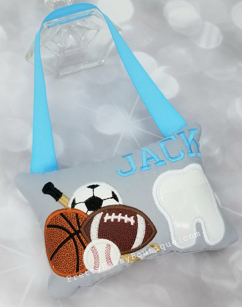 Boy Sports Personalized Tooth Pillow Sports Birthday Boy Gift Baseball Football Basketball Hockey Tooth Fairy Pillow Monogrammed Pillow
