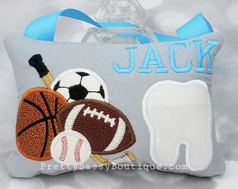 Tooth Fairy Pillow, Boy Sports Personalized Tooth Pillow, Monogrammed Pillow, Baseball Football Basketball Hockey, Sports Birthday Boy Gift