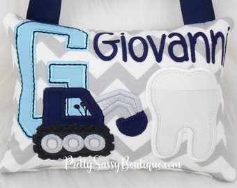 Construction tooth fairy pillow, Digger tooth pillow, Excavator, Personalized, Tooth fairy pillow, Baby Shower Gift boy, Gift for boys, Blue