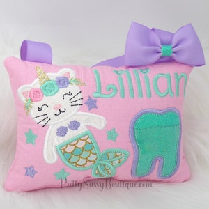 Personalized Cat Unicorn Mermaid Tooth Fairy Pillow, Tooth Fairy, Tooth Pillow, Personalized gifts, Baby Shower, Birthday, Girl Gift, Kitten image 2