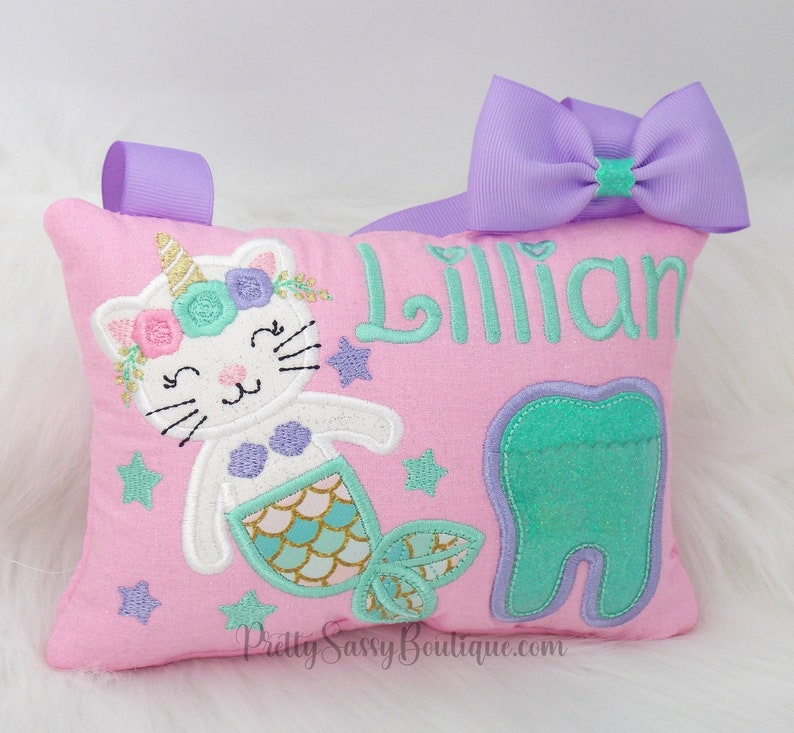 Personalized Cat Unicorn Mermaid Tooth Fairy Pillow, Tooth Fairy, Tooth Pillow, Personalized gifts, Baby Shower, Birthday, Girl Gift, Kitten image 2