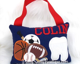 Boy Sports Personalized Tooth Pillow Sports Birthday Boy Gift Baseball Football Basketball Hockey Tooth Fairy Pillow Monogrammed Pillow