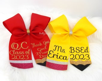 BIG Graduation Bow, Grad Bow, Teacher Graduation Bow, Pencil Hair Bow, Big Pencil Bow, Personalized Graduation Bow, Graduation Cap Topper