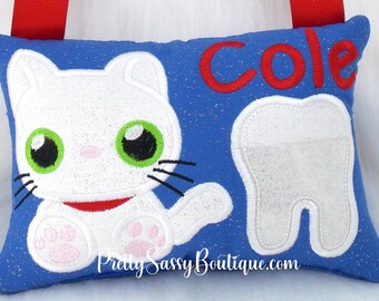 Cat Tooth Fairy Pillow, Blue Boys Personalized Tooth Fairy Pillow, Red Tooth Pillow, Superhero tooth fairy pillow, Birthday, Kitten gift