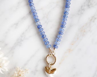 Blue Beaded Charm Holder Necklace, Shark Tooth Necklace, Front Clasp Necklace, Coastal Summer Jewelry, Beach Necklace, Ocean Inspired Gift