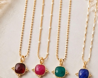 Gold Vermeil Gemstone Necklace, Emerald Pendant Necklace, Square Ruby Necklace, Blue Sapphire Necklace, Birthstone Jewelry, Gift for Her