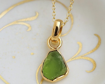 Raw Peridot Necklace, Peridot Jewelry, Genuine August Birthstone, Natural Green Gemstone Gift, 14K Gold Vermeil Pendant, Gold Filled Chain