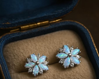 Opal Stud Earrings Silver,  Opal Jewelry, October Birthstone Earrings, White Opal Post Earrings, Gemstone Flower Studs, Gift for Her