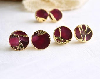 Berry Garnet Mojave Stud Earrings – Round Gemstone Studs with Gold Veining | Boho Minimalist Jewelry, January Birthstone Gift for Her