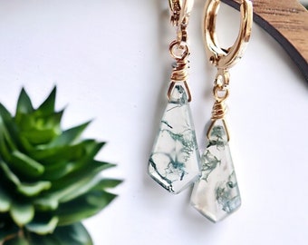 Moss Agate Hoop Earrings, Gemstone Hoop Earrings, Dainty Gold Fill Huggies,Moss Agate Jewelry,Kite Shape Crystal Dangle Earring,Gift for Her