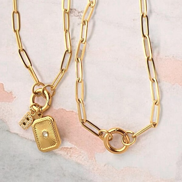 18K Gold Custom Charm Carabiner Necklace, Paperclip Add on Charm Keeper Necklace, Charm Holder Necklace, Personalized Charm Necklace Gift