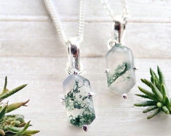 Moss Agate Necklace Silver, Dainty Gemstone Necklace, Hexagon Crystal Pendant, Moss Agate Jewelry,Minimalist Layering, Gift for Nature Lover