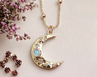 Crescent Moon Necklace Gold, Opal Moon Charm Necklace, Gold Fill Satellite Chain, Double Horn Necklace, Gift for Sister, Celestial Jewelry