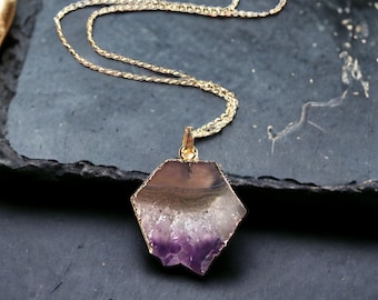 Raw Amethyst Necklace, Druzy Geode Slice Pendant Necklace, Natural Crystal Necklace,Amethyst Jewelry Gift Women,Hexagon Gemstone Pendant