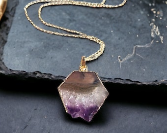 Amethyst Slice Necklace, Druzy Geode Slice Pendant Necklace, Natural Crystal Necklace,Amethyst Jewelry Gift Women,Purple Gemstone Pendant
