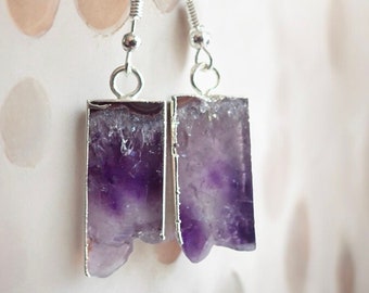 Amethyst Slice Earrings Silver,Gold Purple Geode Earrings, Birthstone Jewelry Gift,Raw Gemstone Dangle Earrings, Purple Stone Earrings