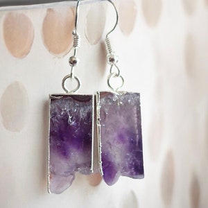 Amethyst Slice Earrings Silver,Gold Purple Geode Earrings, Birthstone Jewelry Gift,Raw Gemstone Dangle Earrings, Purple Stone Earrings