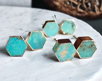 Turquoise Stud Earrings,Turquoise Jewelry,Natural Gemstone Earrings, Gift for Her,December Birthstone,Hexagon Post Earrings, Geometric Studs