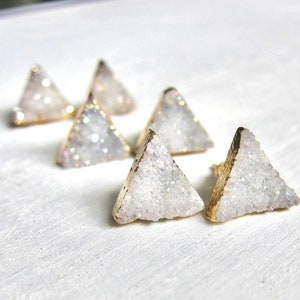 Triangle Stud Earrings, Geometric Post Earrings, Druzy Earrings, Geode Agate Jewelry, White Gray Crystal Earrings, Raw Stone Stud Earrings image 2