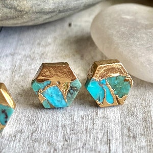 Turquoise Stud Earrings, Turquoise Earrings Gold, Turquoise Studs Gold,  Hexagon Studs Earrings,  Turquoise Jewelry, Dainty Turquoise Studs