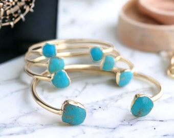 Turquoise Open Cuff Bracelet Gold, Turquoise Jewelry, Turquoise Open Bangle , Raw Stone Bracelet, Gemstone Cuff Gold, December Birthstone