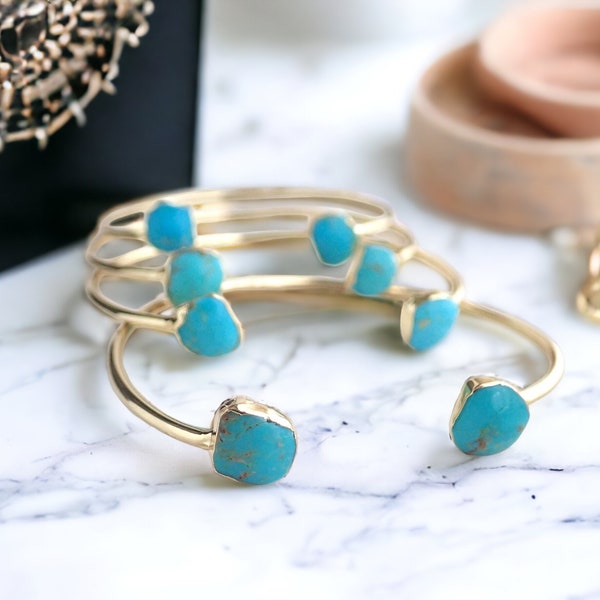 Turquoise Open Cuff Bracelet Gold, Turquoise Jewelry, Turquoise Open Bangle , Raw Stone Bracelet, Gemstone Cuff Gold, December Birthstone