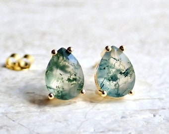 Moss Agate Stud Earrings, Teardrop Natural Gemstone Studs,  Moss Agate Jewelry, Taurus Birthstone Gift, Minimalist Crystal Post Earrings