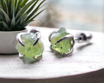 Peridot Stud Earrings Silver, Natural Gemstone Earrings, Peridot Jewelry, Green Crystal Earrings,Prong Post Earrings,Birthstone Jewelry Gift