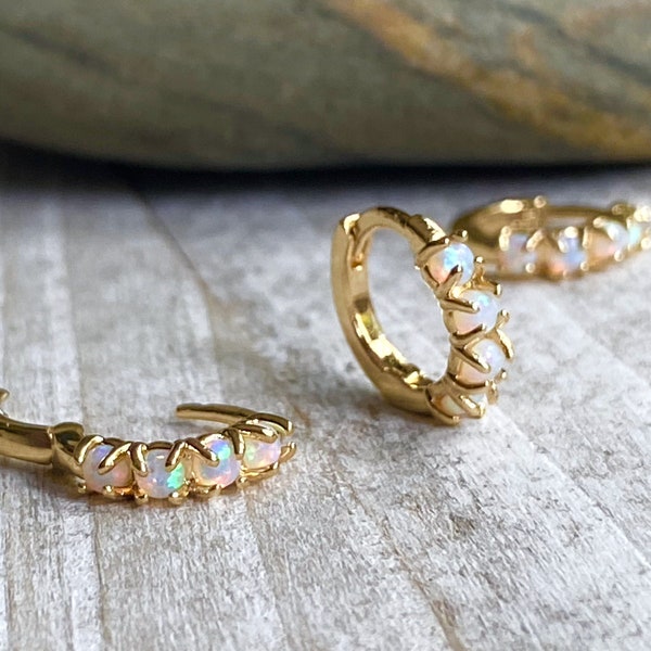 Opal Hoop Earrings,  Opal Earrings, Opal Huggie Hoops,  Opal Jewelry,Dainty Gold Gemstone Hoops,Crystal Huggie Hoops,October Birthstone Gift