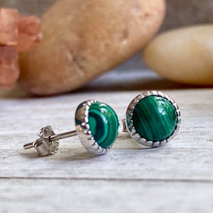 Sterling Silver Malachite Stud Earrings • Green Gemstone Posts • Malachite Jewelry •  Dainty Green Stone Earrings,Round Minimalist Earrings