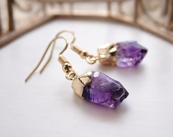 Raw Amethyst Earrings Gold, Natural Crystal Drop Earrings, Purple Gemstone Dangle Earrings,Amethyst Jewelry,February Birthstone Gift for Her