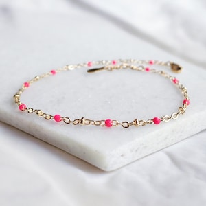 Dainty Gold Anklet, Pink Enamel Gold Chain Anklet, Beaded Satellite Chain Ankle Bracelet, Delicate Minimalist Ankle Bracelet,Gift for Her